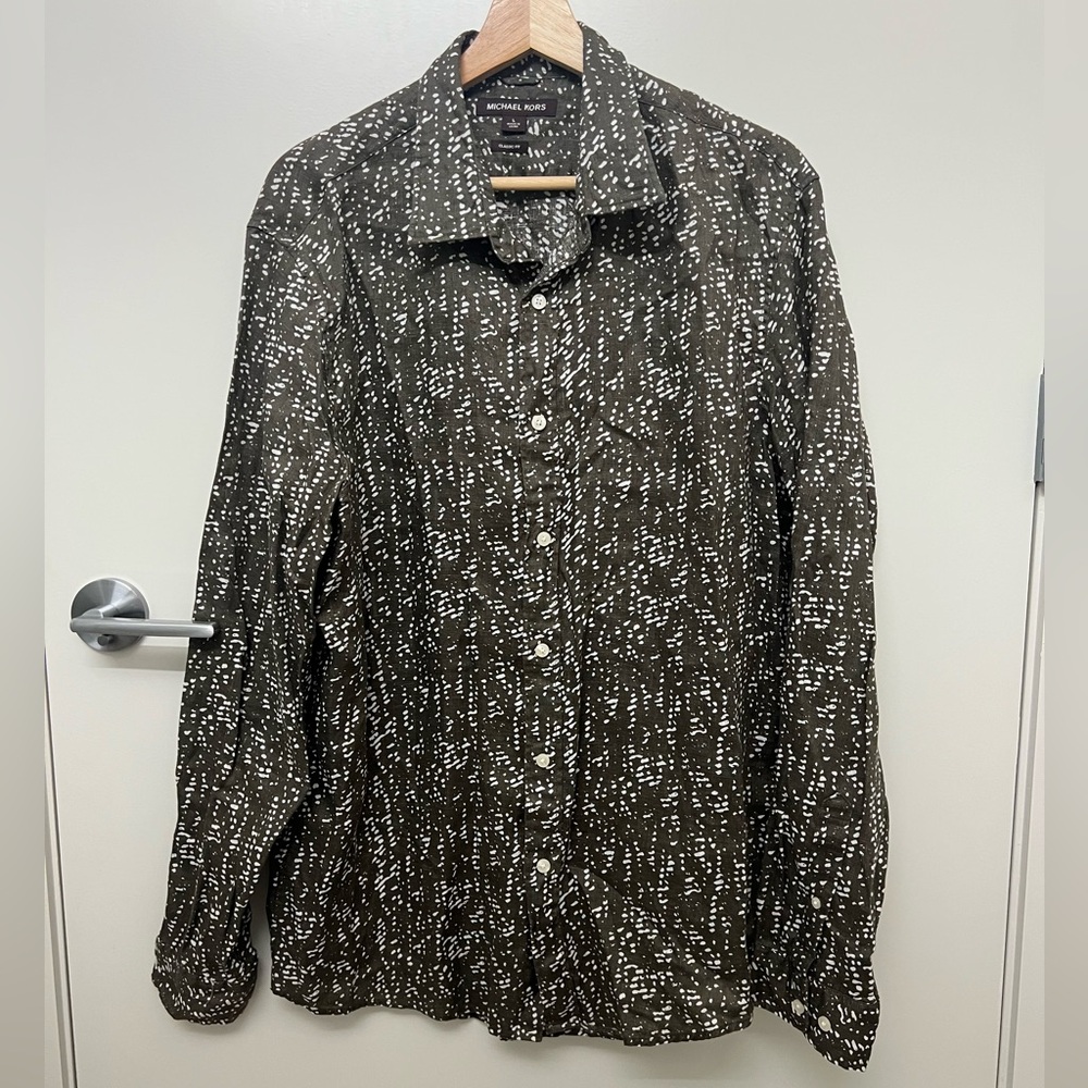 Michael Kors Classic Fit Button-Down Shirt Green White Splatter Men’s Size L